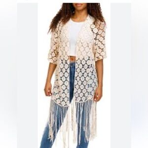 House of Harlow 1960 bohemian Ivory Lace / crochet cardigan Kimono with fringe S